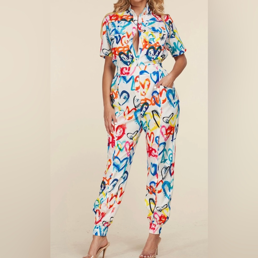 Colorful Heart Print Jumpsuit
